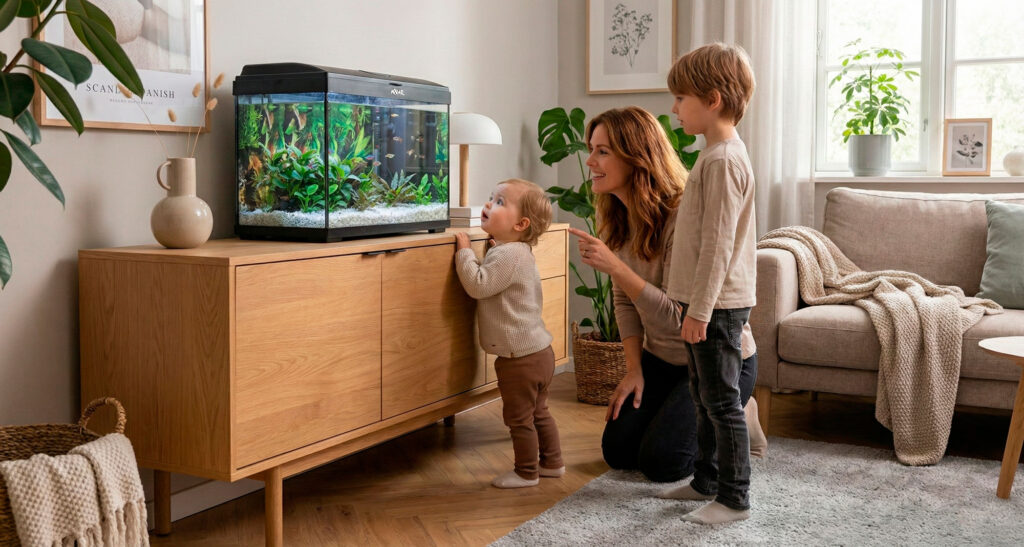 Mor og to børn står i en lys stue og kigger fascineret på et 54 L akvarie på et træskab – hyggelig familiescene, der viser akvarie-startsættet som julegave til hjemmet.