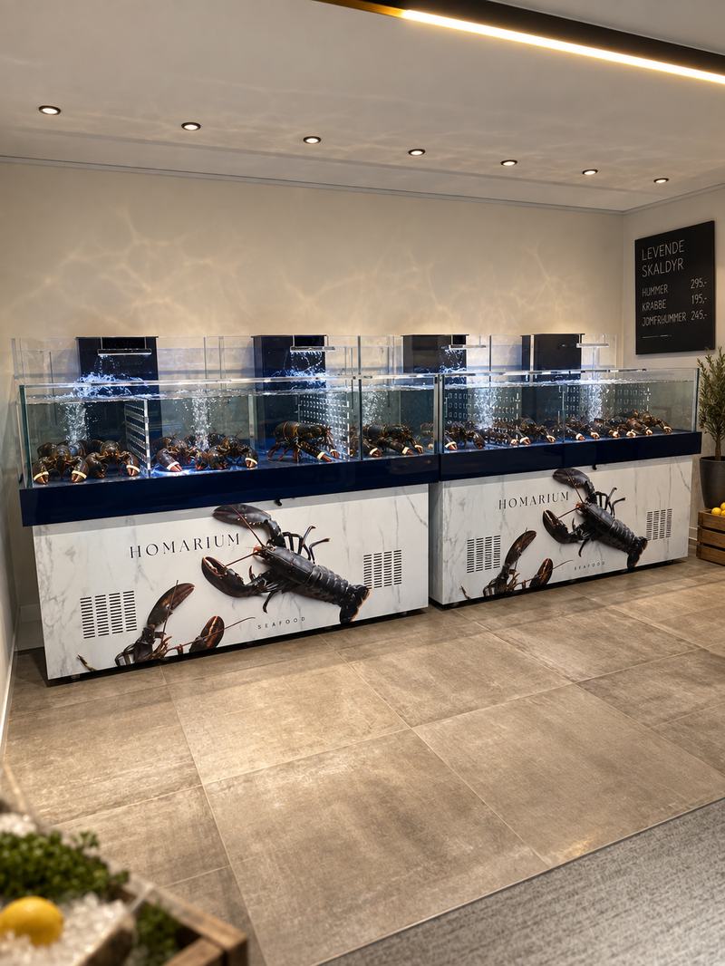 Homarium hummerbassiner opstillet i butik med marmorlook-facade