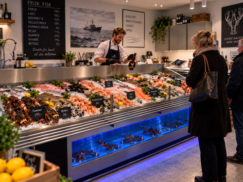 Fiskehandler serverer levende hummer til kunde