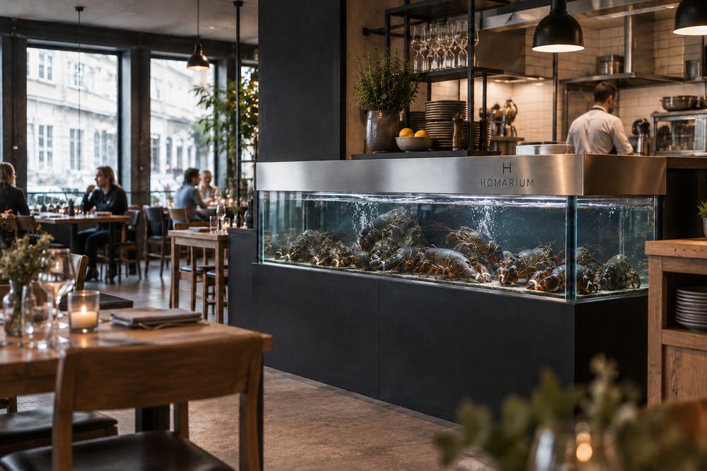Homarium hummerbassin i restaurantmiljø