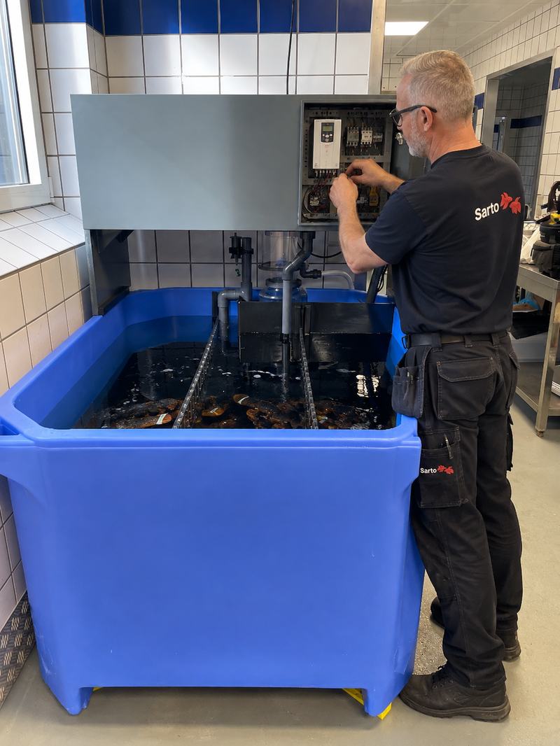 Sarto-tekniker servicerer hummerbassin